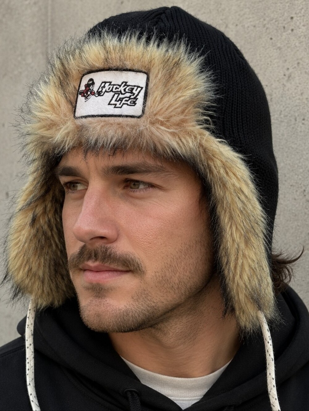 Gongshow Black Knit Trapper Hat with Faux Fur Trim and Skate Lace  Tie Up. NWOT